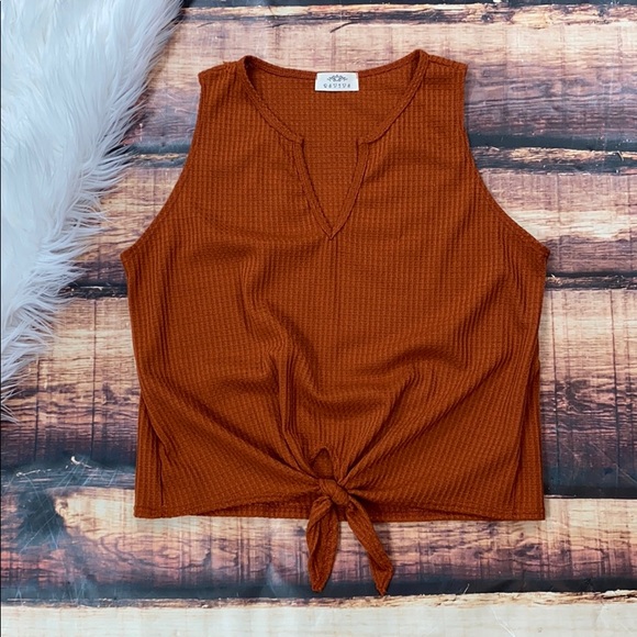 Tops - << Burnt Orange Tie Knot Waffle Tank Top >>